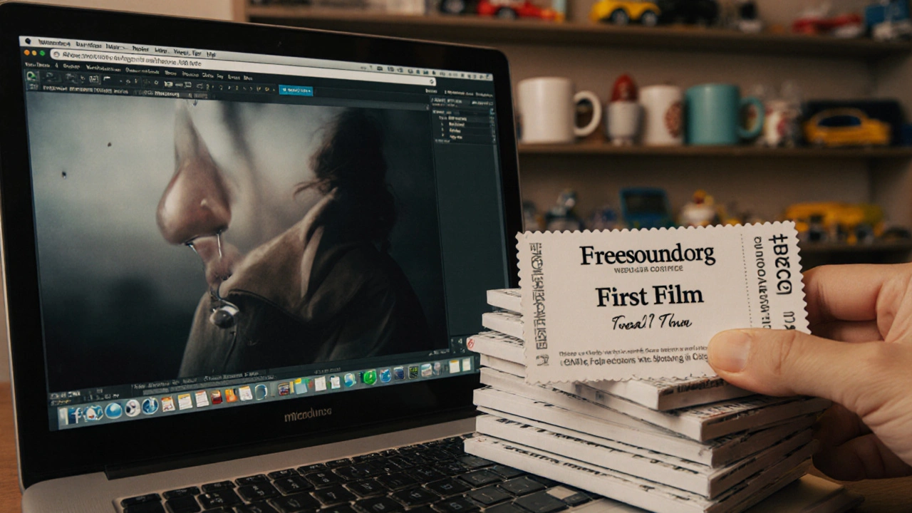 A collection of microbudget filmmaking tools: laptop with color grading, free sound files, and a meal ticket.