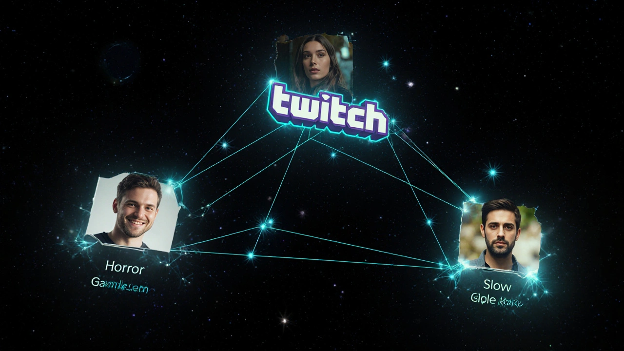 A constellation of glowing links connecting streamers to a film title, representing cross-promotion across niche audiences before launch.