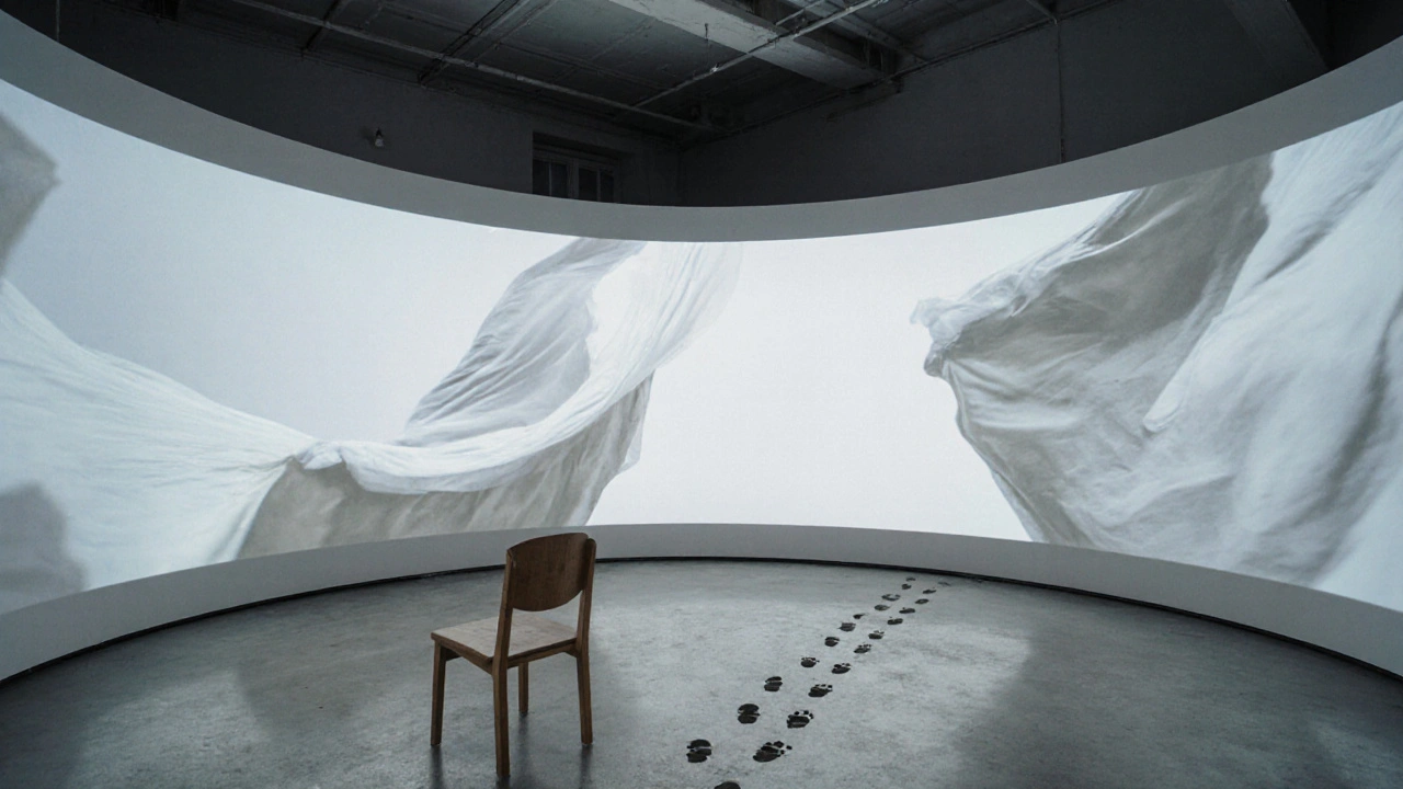 A curved wall projecting slow-moving cinematic imagery in a quiet, empty gallery space.