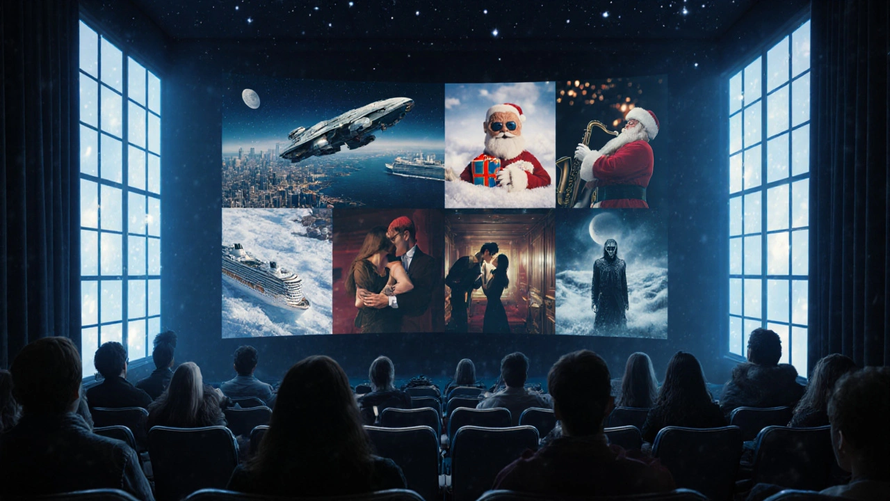 A dark theater screen shows a montage of holiday films as audience silhouettes fill the seats in quiet anticipation.
