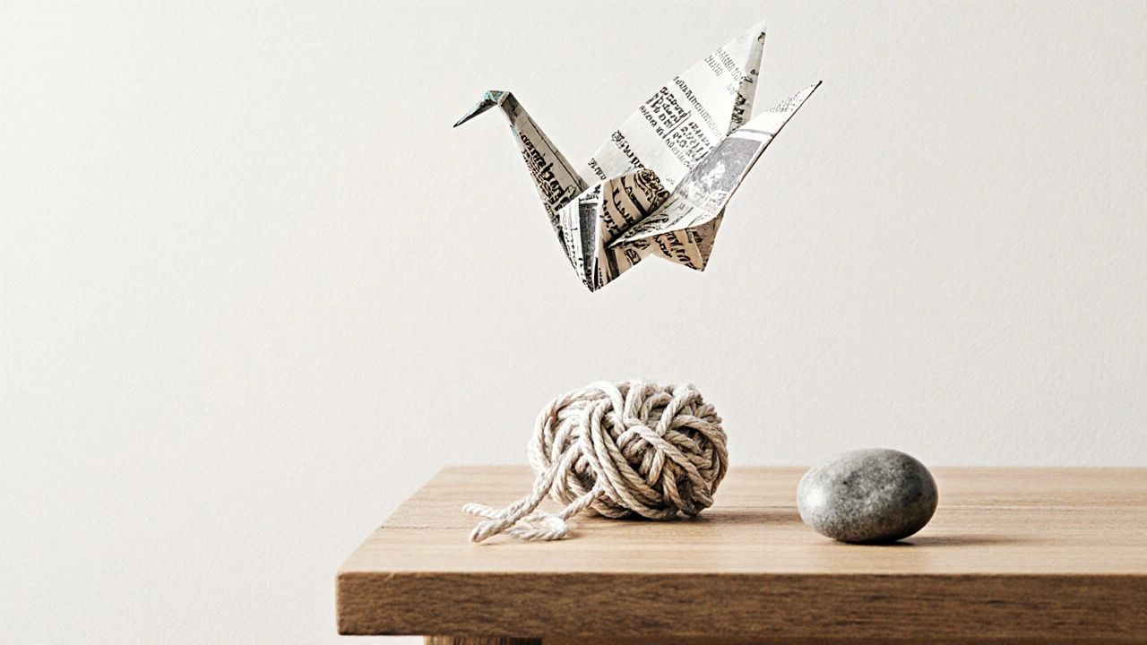 A delicate paper crane floating above a tangled ball of yarn, next to a smooth stone.