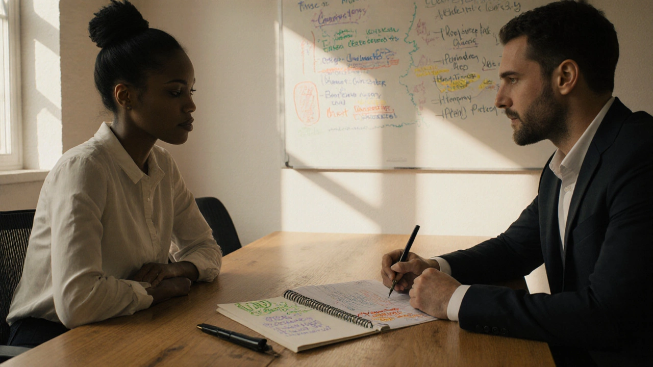 A development executive and writer collaborating over a marked-up script with a whiteboard in the background.