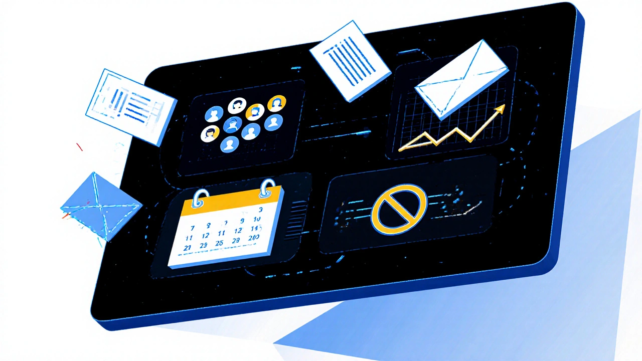 A digital campaign interface with floating icons of postcards, dates, and streaming metrics against a dark background.