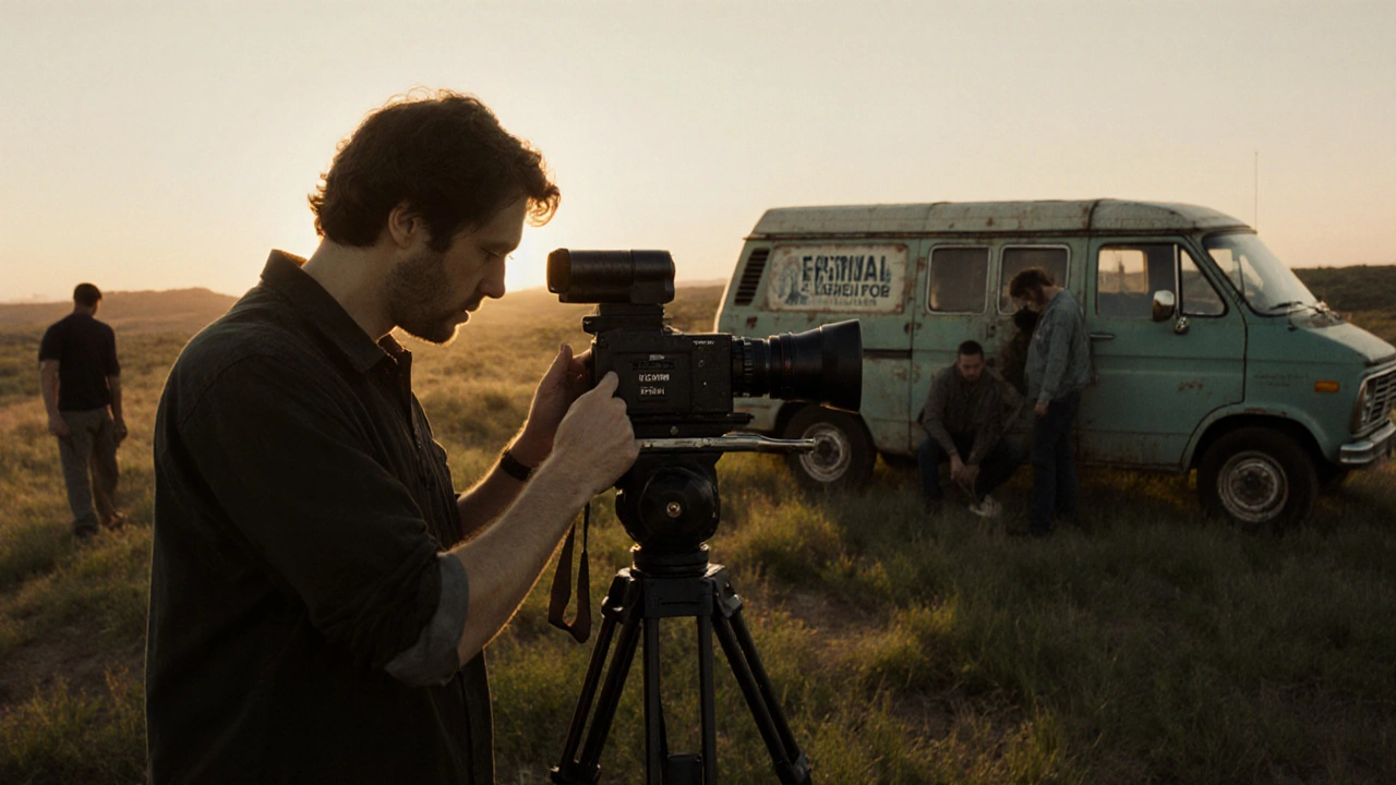 A director adjusting a 16mm film camera in a rural landscape at sunset, crew working quietly in the background.