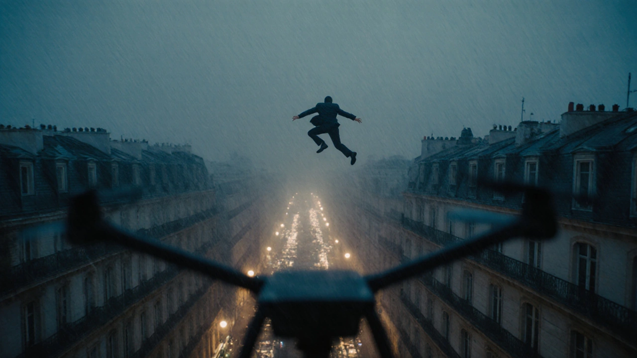 A drone tracks a figure leaping across rooftops in a misty Parisian night scene.
