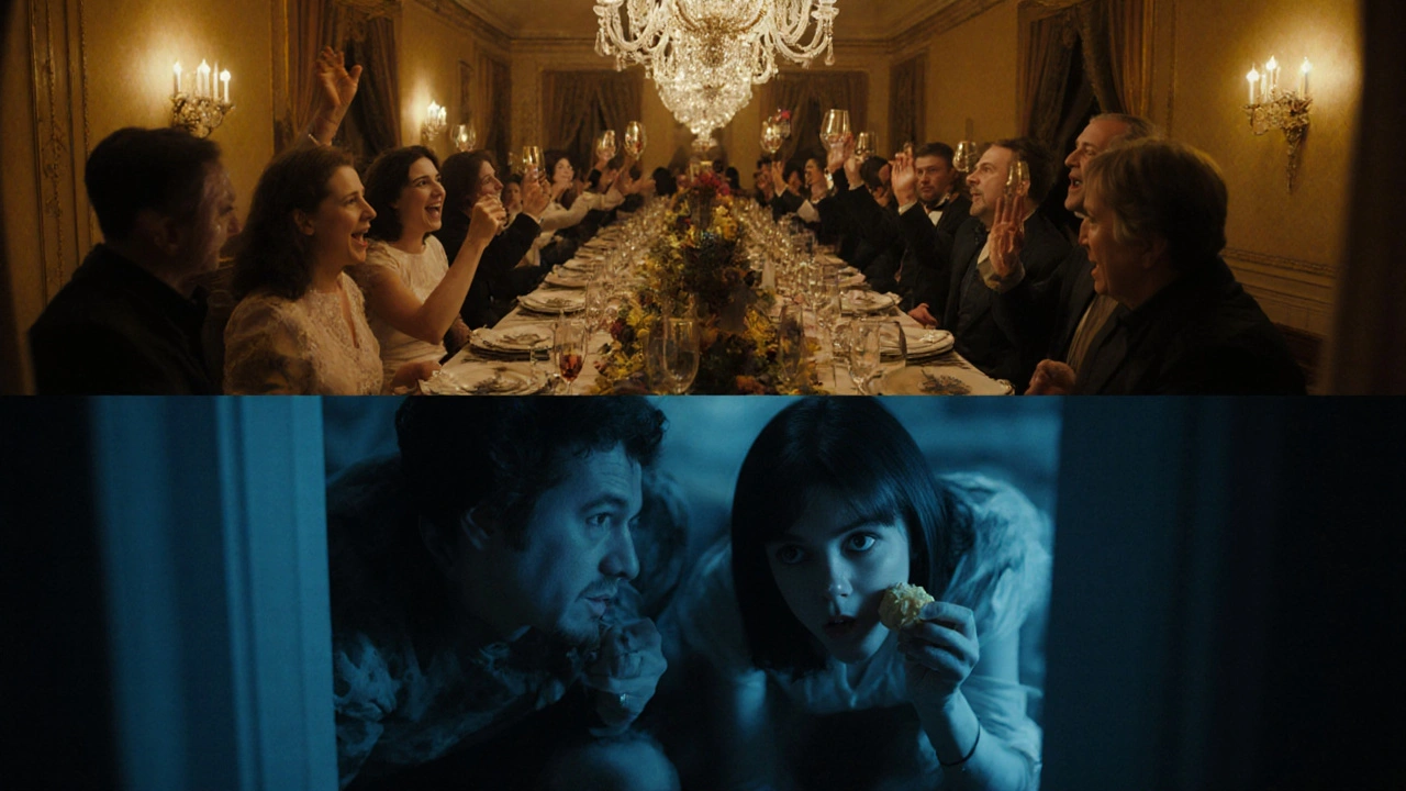 A family hidden in a basement watches a lavish dinner party above, divided by light and shadow.