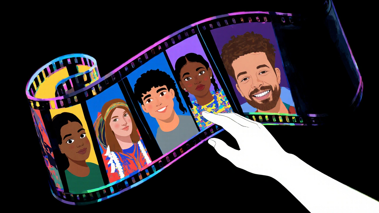 A film reel made of diverse faces unraveling, with a hand trying to close it, in symbolic neon art style.