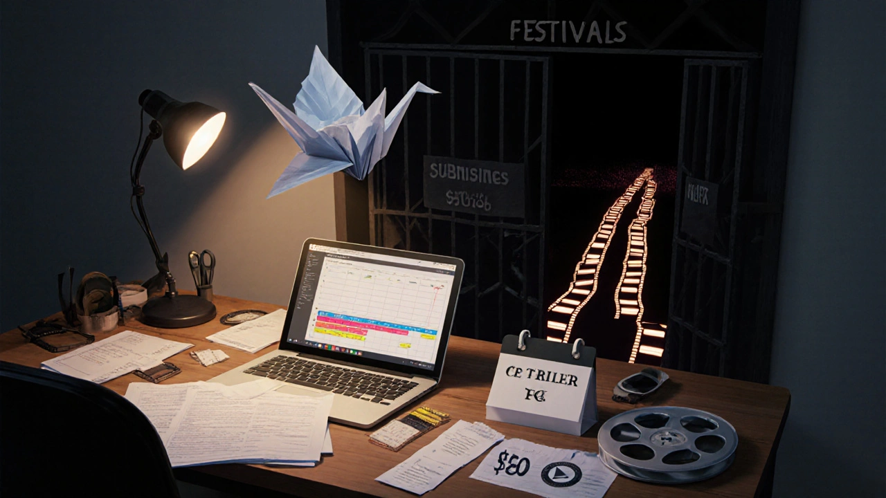 A film reel paper crane floats above submission materials and a deadline calendar under a warm lamp.