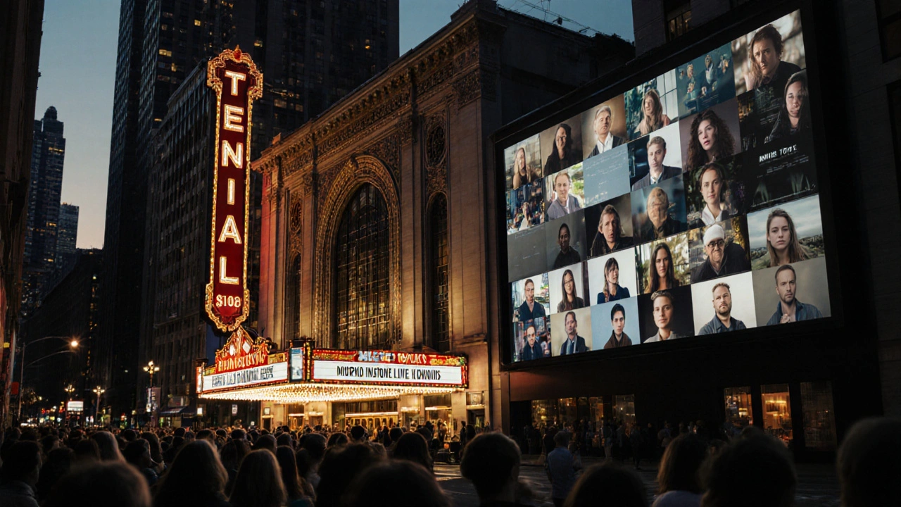A film theater at night with a digital billboard displaying live online viewers from around the world.