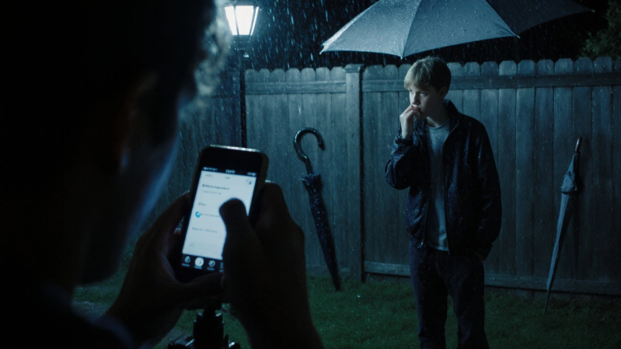 A filmmaker films a teenager under a porch light during rain, using only a smartphone and natural light.