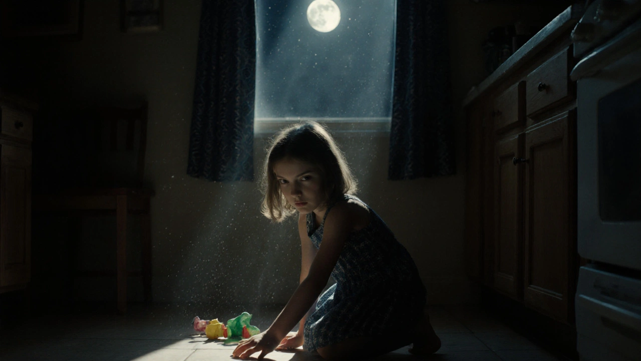 A girl frozen in a quiet kitchen, hand above a fallen toy, moonlight casting long shadows.