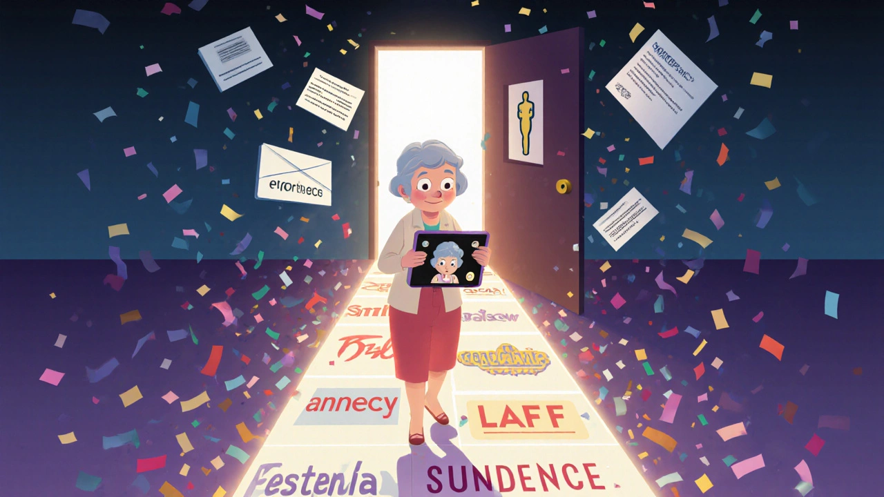 A grandmother character from an animated short walking toward an Oscar-qualifying festival door.