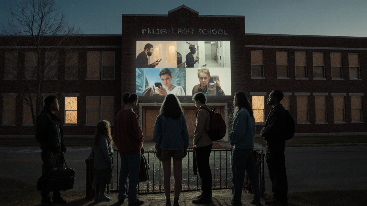 A group stands before a closed high school, a movie projection showing social struggles flickering behind them.