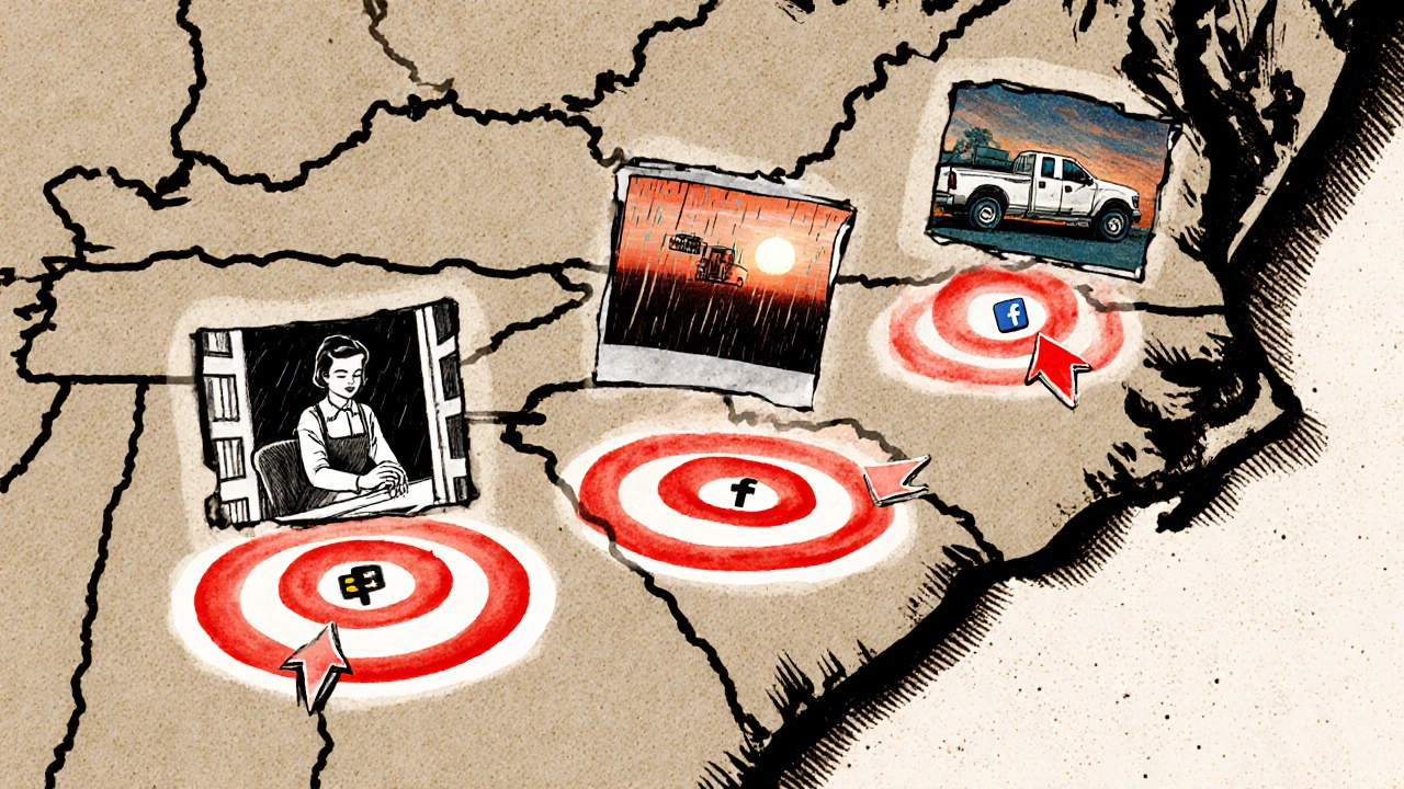 A hand-drawn map of the southeastern U.S. with glowing target zones and film stills above small towns.