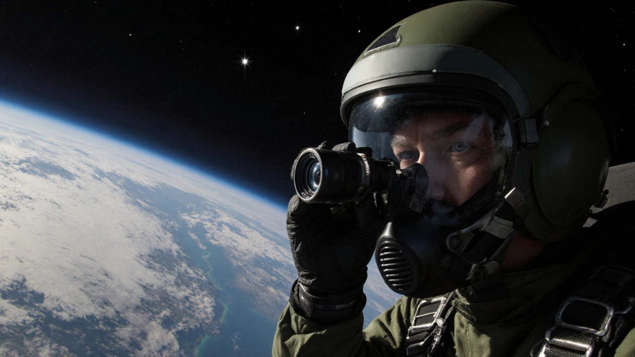 A helmet camera view during a high-altitude jump, Earth visible below in starry sky.