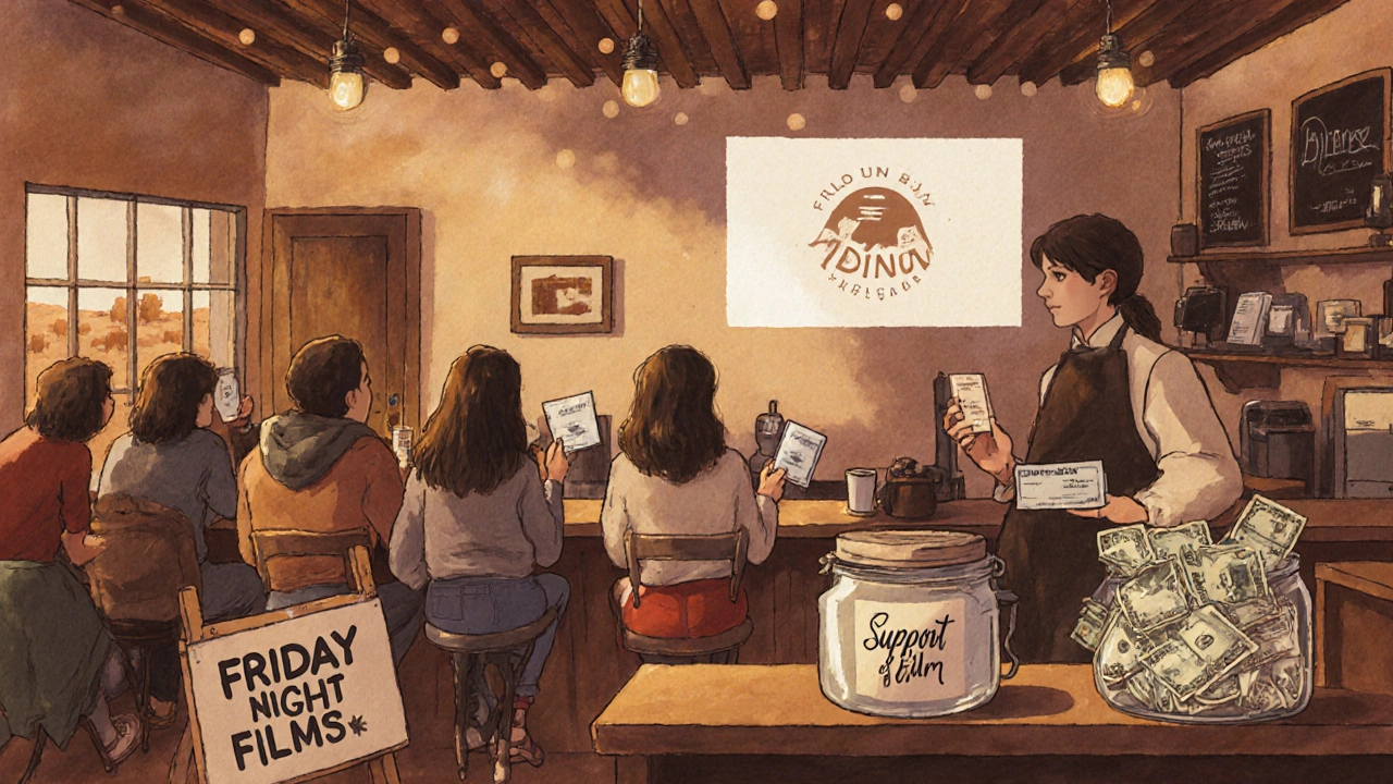 A local coffee shop hosting a community film screening with patrons watching a projected movie and a donation jar on the counter.