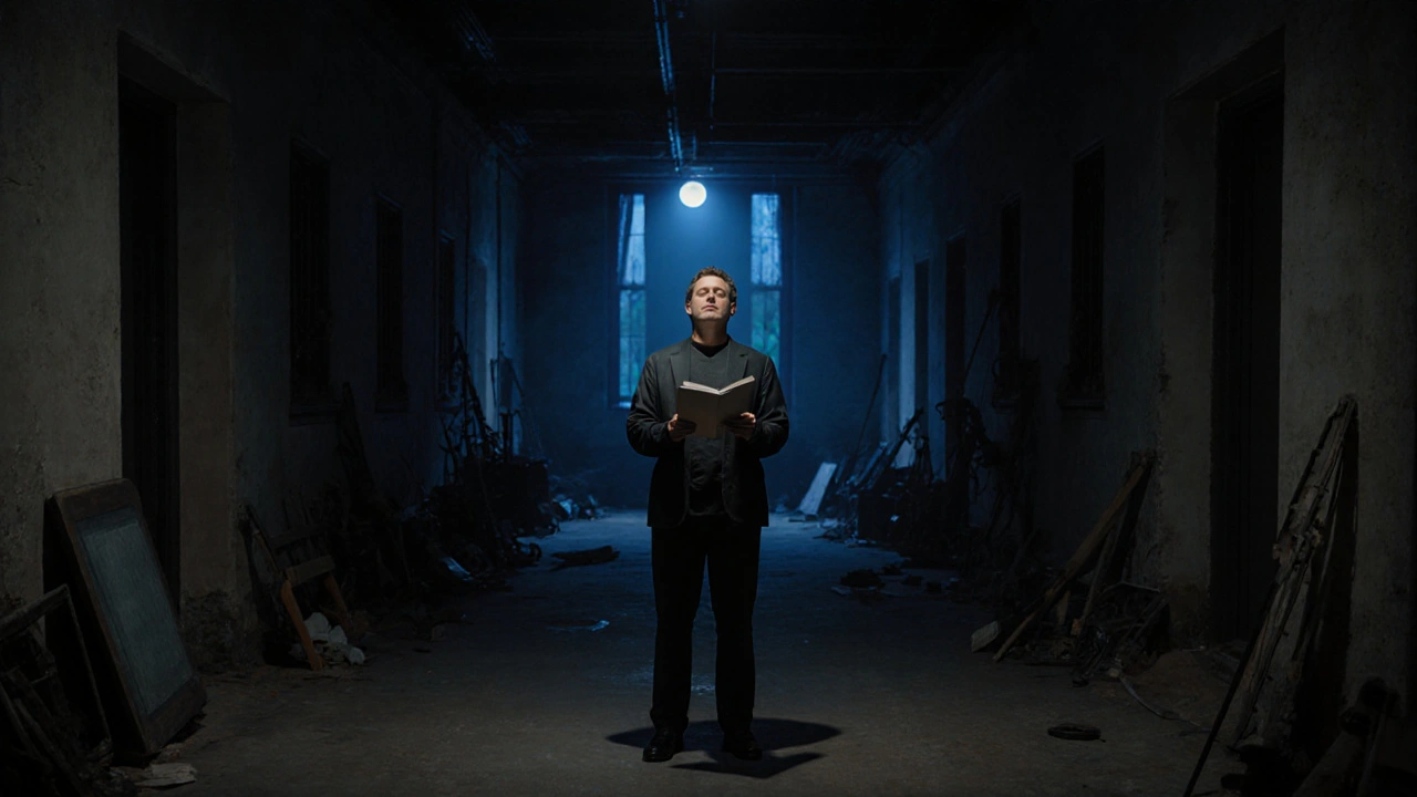 A lone actor standing in an empty film corridor, breathing deeply in the moonlight.