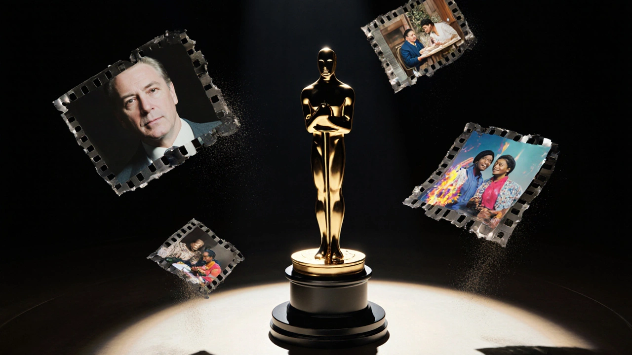 A lone Oscar statuette on stage surrounded by fragmented film reels of diverse stories dissolving into dust.