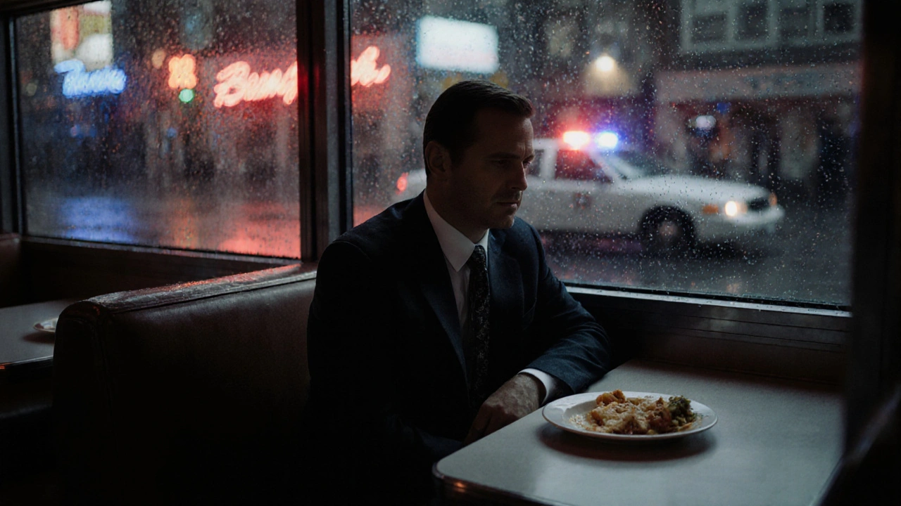 A man sits alone in a diner at night, staring out a rainy window as police lights reflect on the glass.