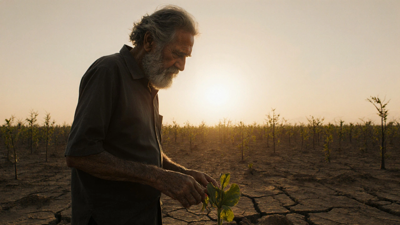 A man stands beside a young tree in a desert, looking at new growth where the land was once barren.