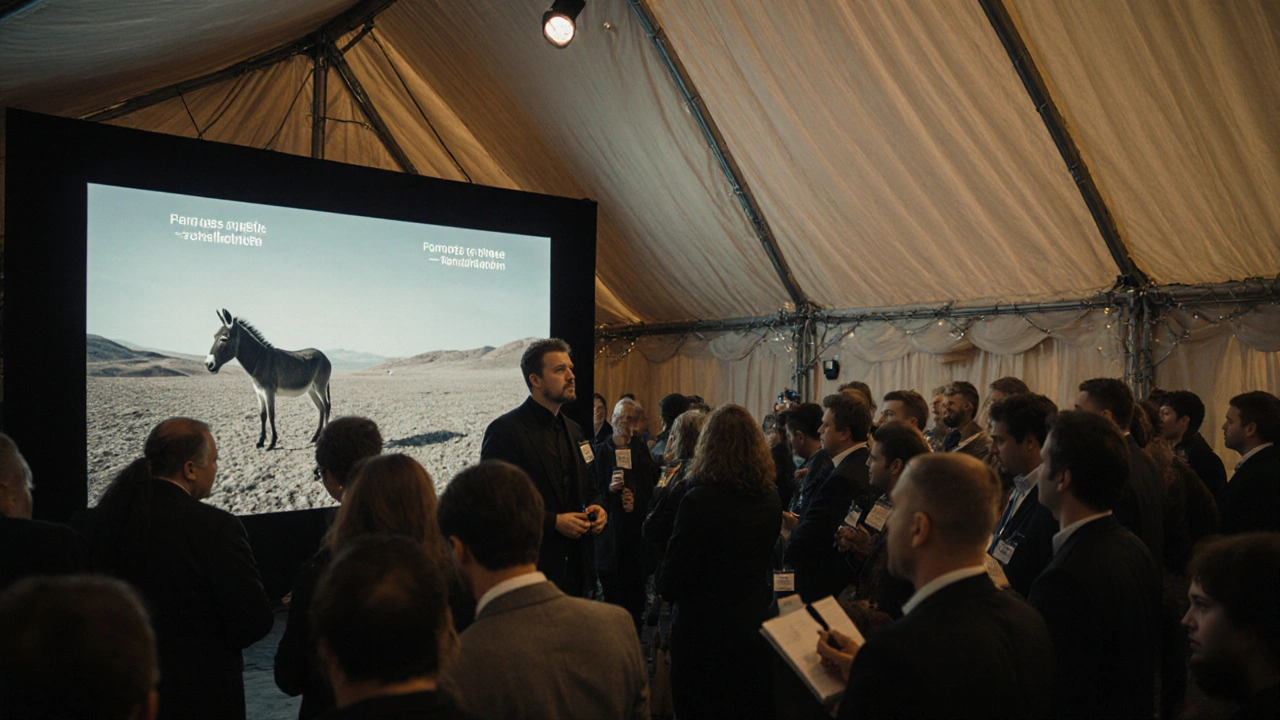 A Polish director at Cannes Film Festival surrounded by viewers watching a donkey-themed arthouse film on screen.