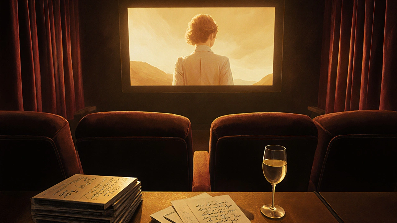 A private film screening room at night, screen glowing softly on empty seats, screeners and notes on a table.