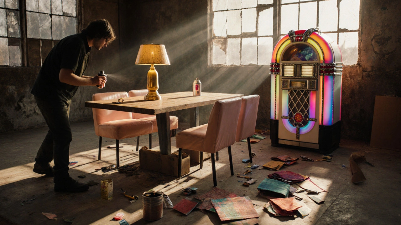 A production designer painting thrifted furniture in a warehouse, surrounded by paint cans and vintage props.