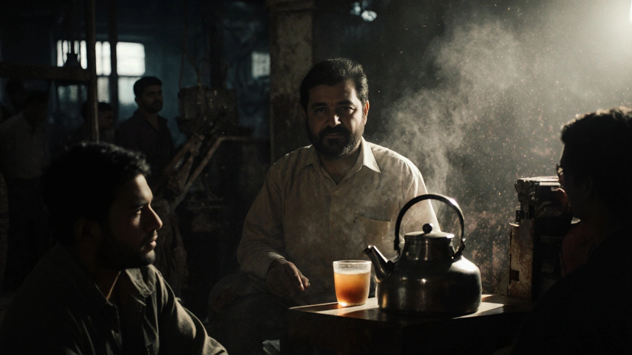 A quiet night shift in an Indian factory, filmmaker sitting among workers under dim light, no camera visible.