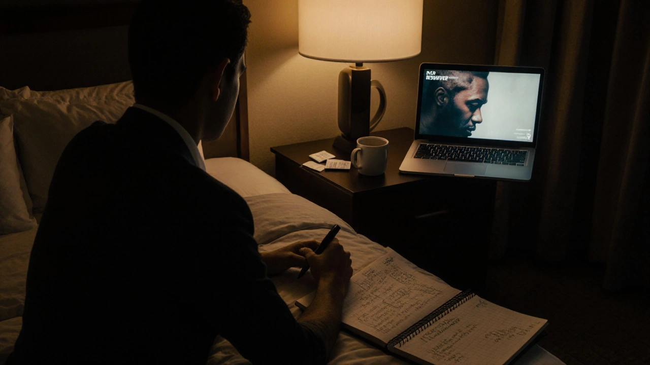 A sales agent watching a film on a laptop in a hotel room late at night.