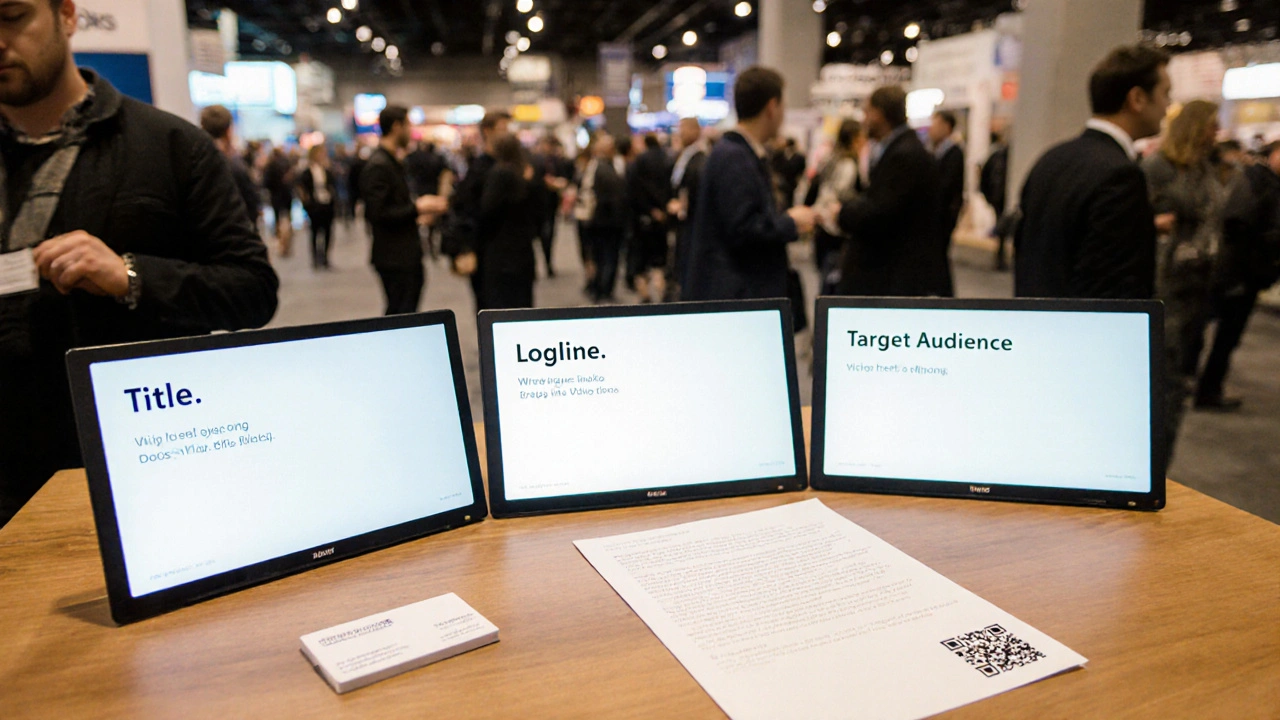 A simple pitch deck and business card displayed at a film market booth.