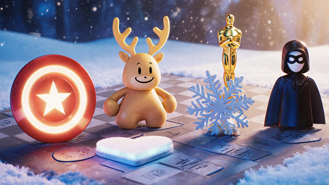 A strategic movie release calendar visualized as colorful game pieces on a timeline from November to January.