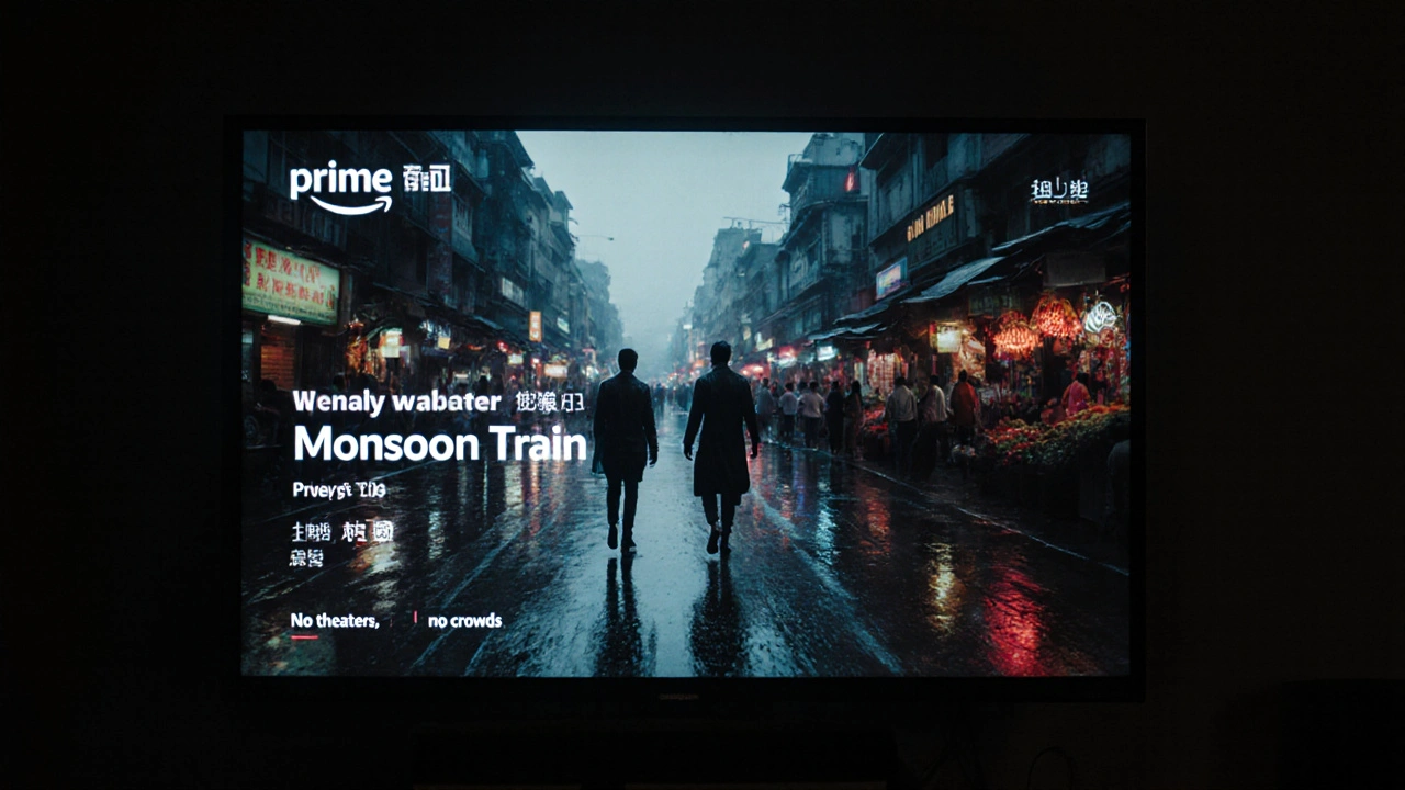 A streaming screen showing &#039;Monsoon Train&#039; with Mumbai and Kunming streets reflected in rain.