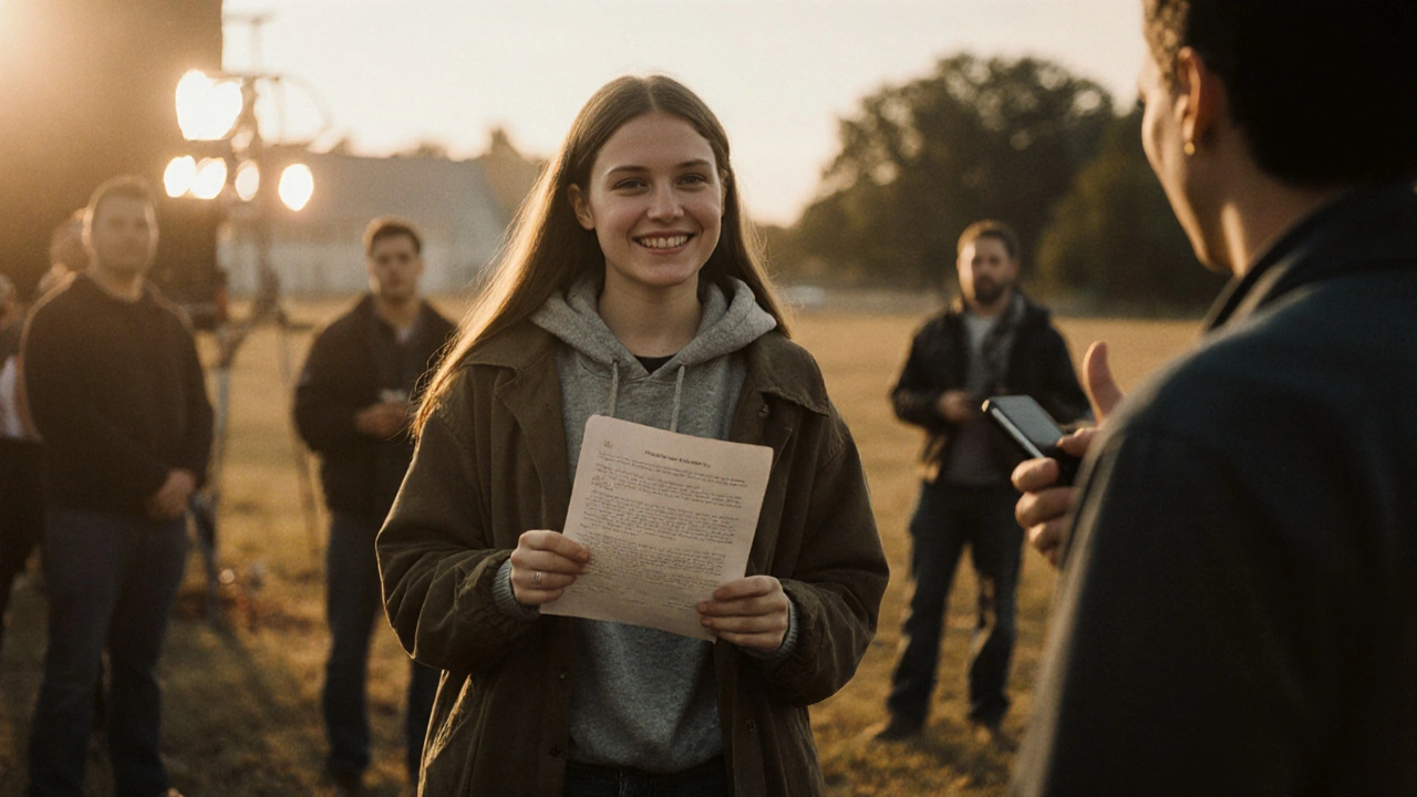 A teenage girl on a film set, holding a script, smiling as a director approves her performance under golden sunlight.