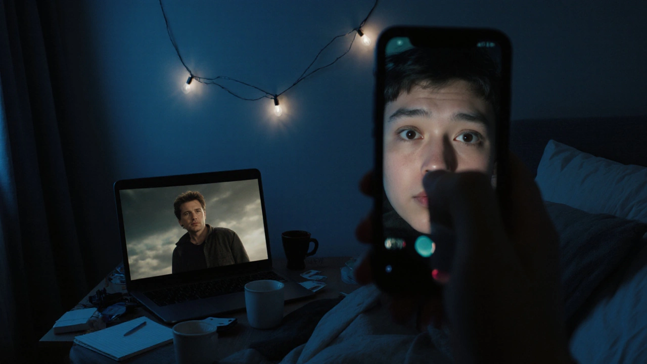 A teenager recording a heartfelt reaction video in their bedroom at night.