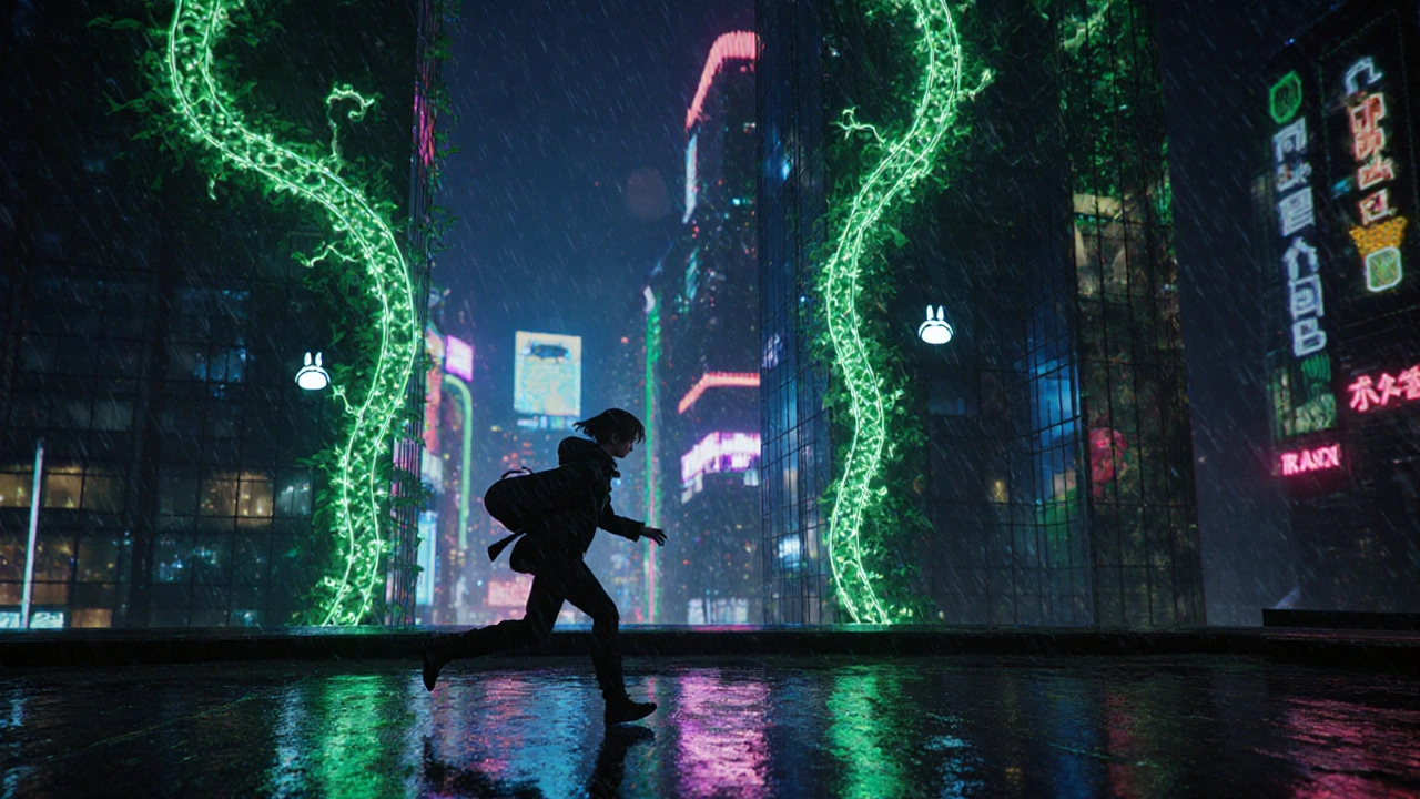 A thief runs across a neon-lit cyberpunk rooftop surrounded by glowing memory vines.