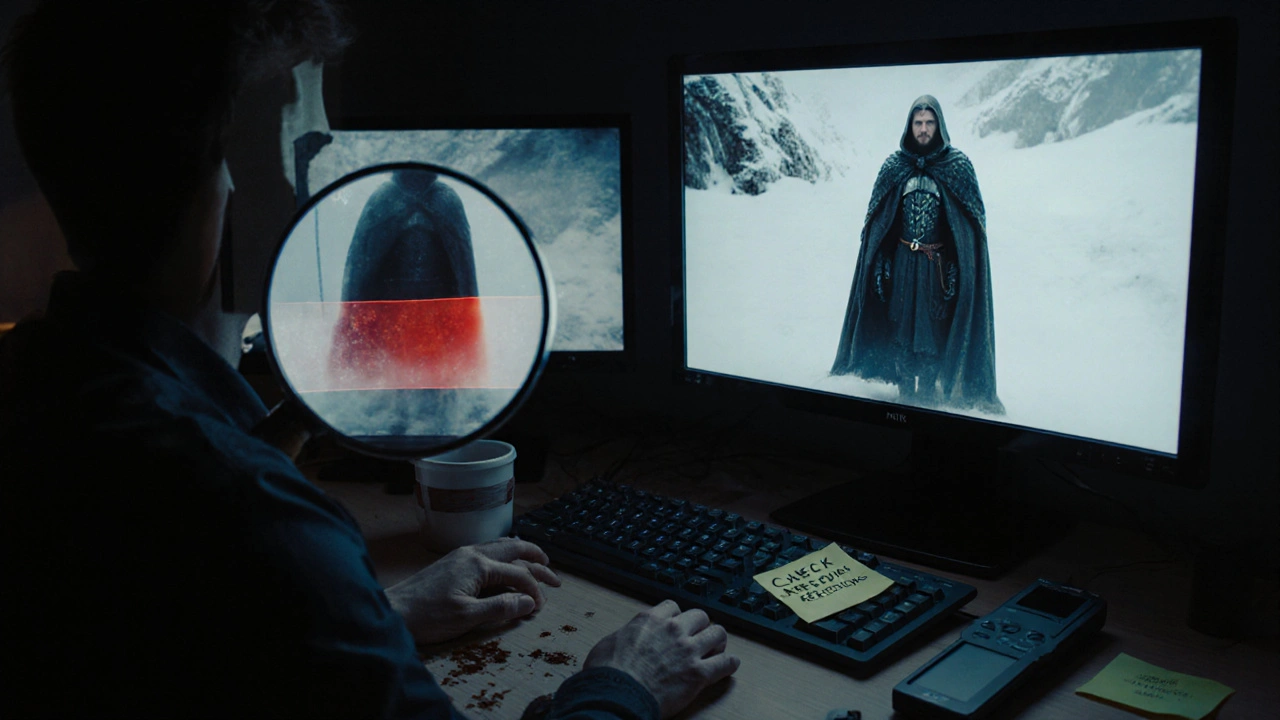 A VFX artist&#039;s workstation at night showing side-by-side frames with a highlighted alpha leak around a character&#039;s cloak.