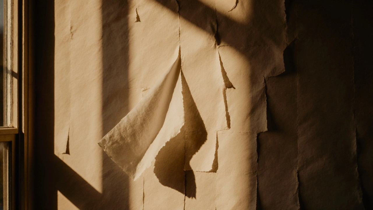 A wall of paper tears gradually over time under wind, captured in a quiet time-lapse with shifting daylight shadows.