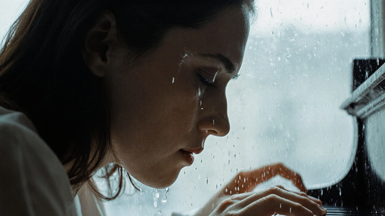 A woman&#039;s face in profile, tears catching rainlight, hand resting on a piano key, eyes closed.