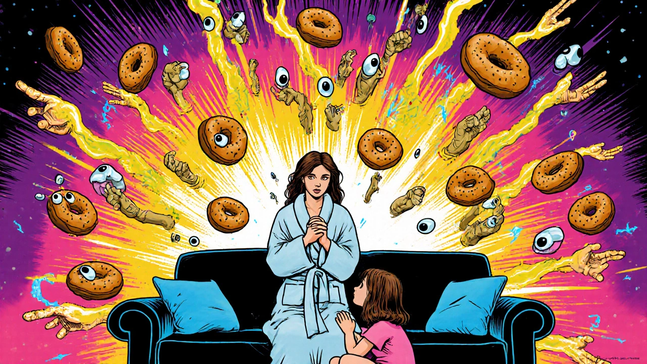 A woman in a bathrobe stands amid a chaotic multiverse of floating objects, reaching toward her daughter on a couch.