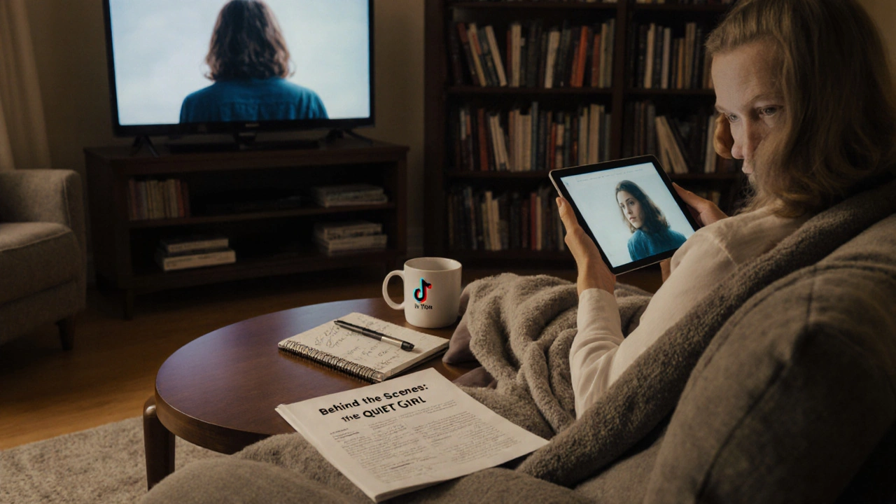 A woman watching an indie film on her tablet, surrounded by behind-the-scenes materials in a cozy home.
