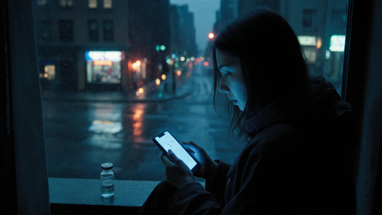 A young woman sits alone on a fire escape at night, staring at her phone&#039;s blue glow, an insulin vial beside her.