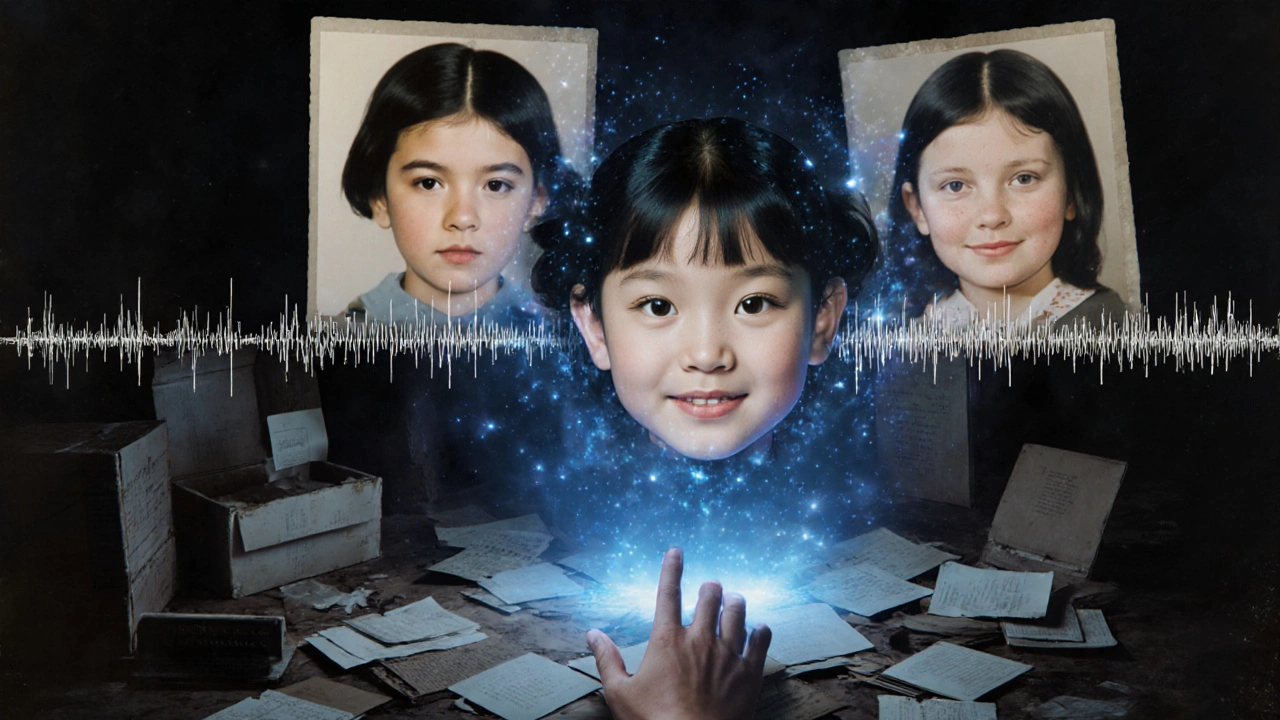 AI-reconstructed faces emerging from old photos and audio waves in a room filled with forgotten family archives.