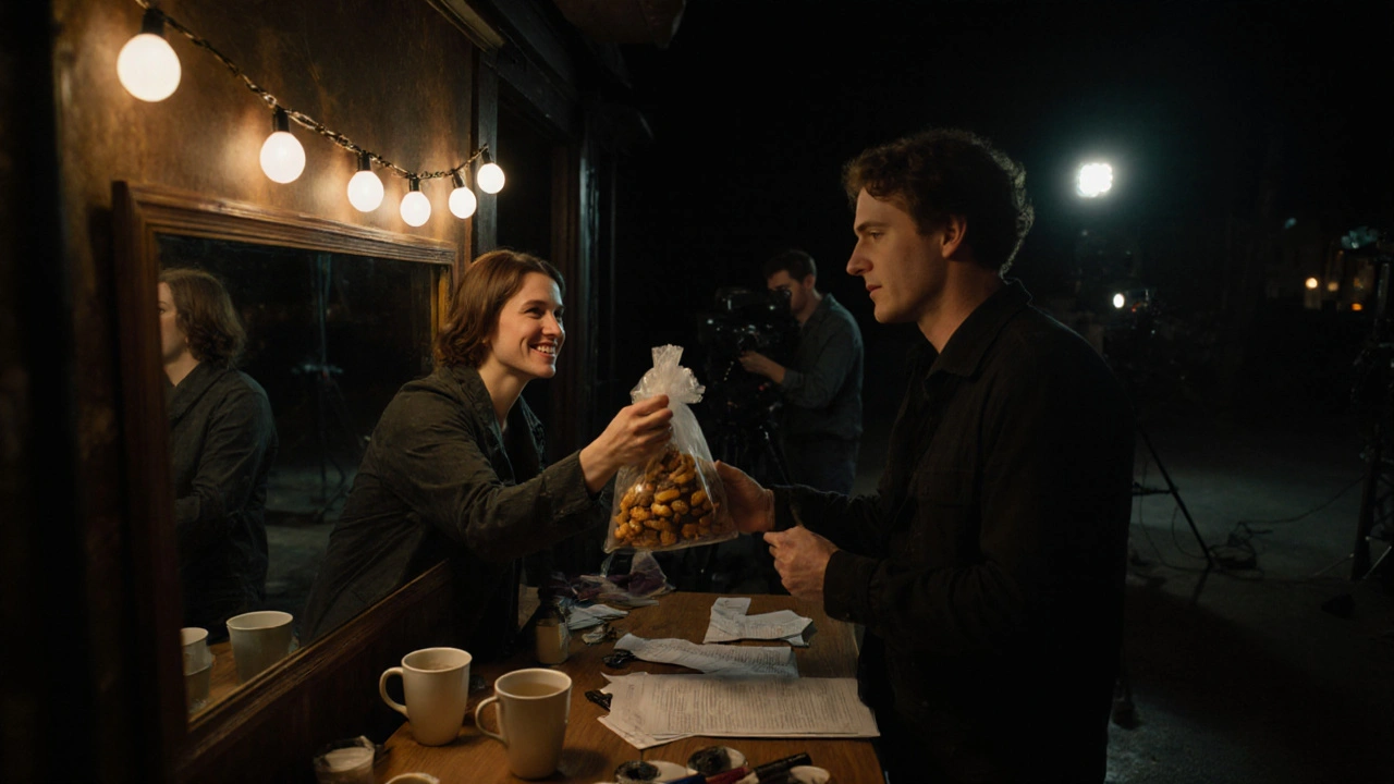 An actor kindly offering snacks to a makeup artist late at night on set, expressing gratitude with a simple, respectful gesture.
