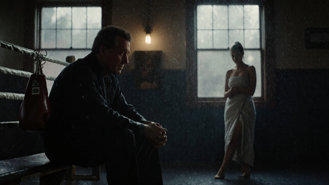 An aging boxing trainer sits alone in a dim gym, staring at hanging gloves.