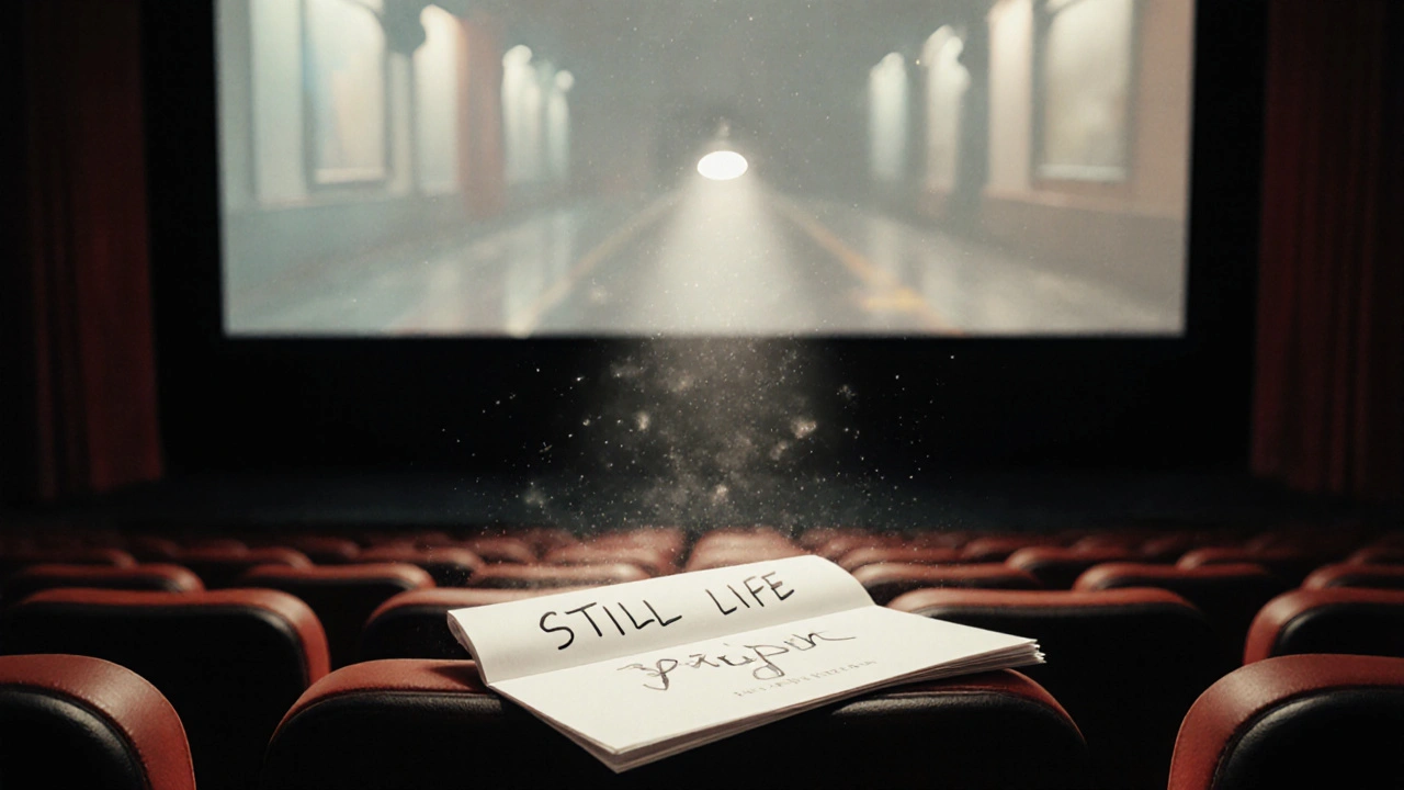 An empty cinema seat with a handwritten film title on a program, spotlight shining on dust in the air.