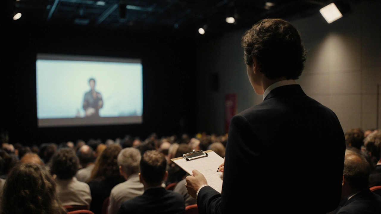 An executive watching a short film at an indie festival, taking notes in the back of a dark theater.