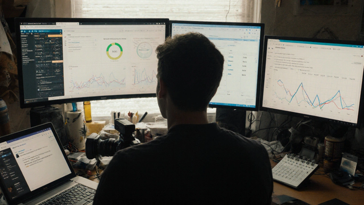 An indie filmmaker working at a desk with multiple screens showing festival analytics and a live Q&amp;A.