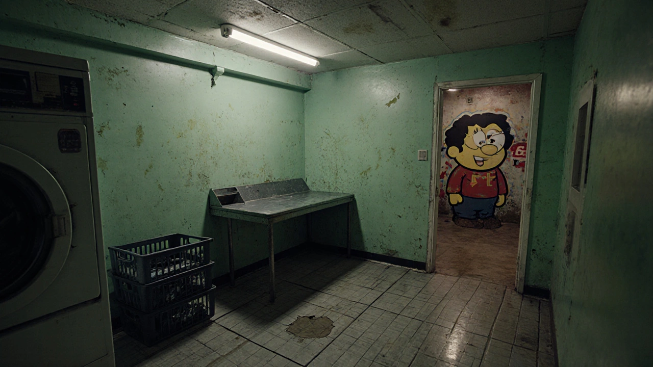 An interrogation room made from a laundromat, with fluorescent lights, a metal table, and green-painted walls.