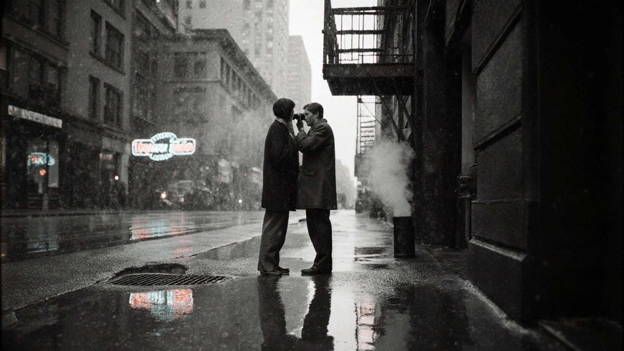 An unseen photographer captures strangers on a rainy city street, reflections glowing in wet pavement.