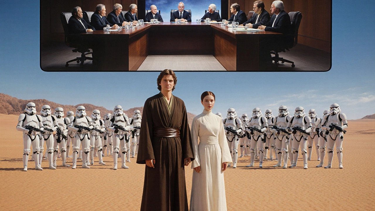 Anakin and Padmé in desert with identical clones and holographic Jedi Council looming behind.